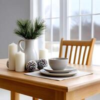 Cozy Winter Dining Table Setting Candles Pine and Rustic Decor photo