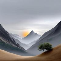Serene Sunrise Over Misty Mountain Valley with Lone Tree photo