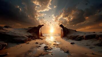 Dramatic Sunset Seascape with Ruined Gate Ocean View Birds in Flight photo