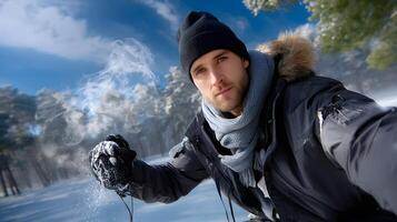 Man in Winter Landscape Holding Camera with Smoke from Mouth in Snowy Forest Setting photo