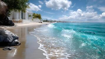 Serene Tropical Beach with Gentle Waves and Beautiful Cloudy Sky at Coastal Retreat photo
