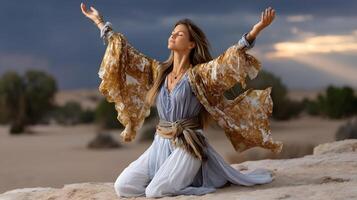 Woman in Flowing Robes Reaching for Sky with Peaceful Expression in Desert Landscape photo