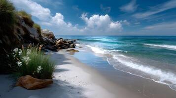 Tranquil Beach Scene with Gentle Waves and Cloudy Skies at a Scenic Coastal Location photo