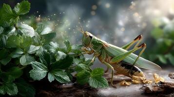Close-Up of a Grasshopper Among Lush Green Leaves in a Natural Outdoor Setting photo