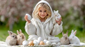 Smiling Girl in Cozy Sweater Surrounded by Bunnies and Easter Eggs in Blooming Garden photo