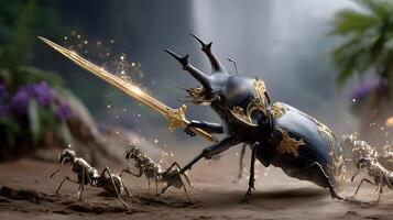 Majestic Beetle Warrior with Sword Leading Army of Ants in Enchanted Forest Setting photo