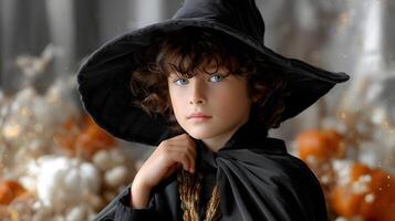 Enchanting Child Dressed as a Witch in Halloween Costume Surrounded by Autumn Decor photo