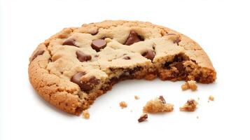 irresistible half-eaten chocolate chip cookie with a bite missing and crumbs on white background photo