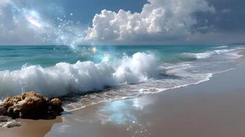 Serene Beach Scene with Gentle Waves and Sparkling Seascape Under a Cloudy Sky photo