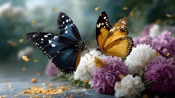 Colorful Butterflies on Flowers Amidst Soft Background with Delicate Petals and Light Effects photo