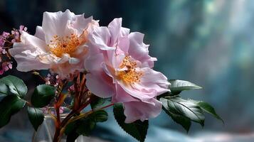 Soft Pink Roses with Delicate Petals and Green Leaves on a Blurred Background photo