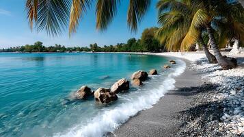 Serene Tropical Beach with Clear Water and Palm Trees Under Bright Blue Sky photo
