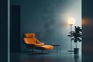 Stylish orange lounge chair and ottoman with sleek modern design accompanied by floor lamp and houseplant. photo