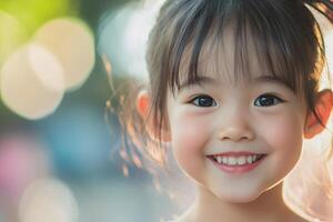 Smiling Child A close-up portrait of a young girl with a bright joyful expression and shiny eyes. photo