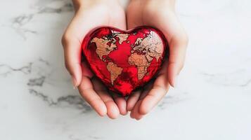 World map in hands of woman on white background photo