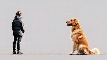 A person standing next to a dog looking at it photo