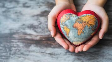 World map heart in hands of woman on wooden background photo