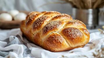 Golden Braided Loaf of Rustic Bread with Beautiful Texture photo