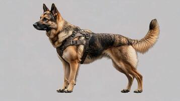 Vigilant German Shepherd Dog in Harness Standing Alertly photo