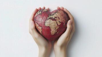 Hands holding a heart shaped world map photo