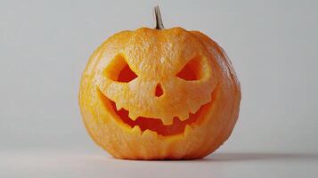 A carved pumpkin with a face on it photo