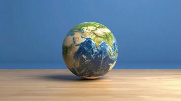 Realistic Globe Positioned on Wooden Surface Against Blue Background photo