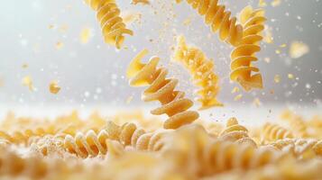 Raw Fusilli Pasta Falling in Twisted Spiral Shapes with Flour Dust photo