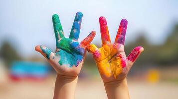 Two hands painted with colorful paint photo