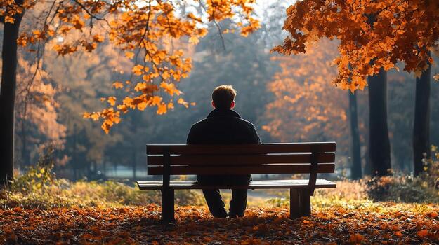 Man sitting on bench in autumn park photo