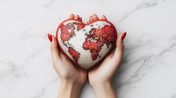 Red Heart Shaped Object with Detailed World Map in Hands photo