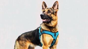A german shepherd dog wearing a harness photo