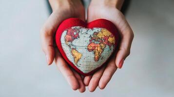 A person holding a heart shaped map with a world map on it photo