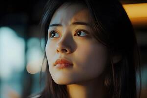 Pensive Asian woman looking upward with determination illuminated by soft glowing light creating a serene portrait. photo