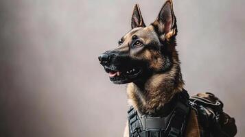 A german shepherd dog wearing a backpack photo