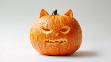 A carved pumpkin with cat ears on it photo