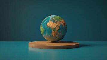 A globe on a wooden stand with a blue background photo