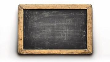 Old wooden frame with chalkboard on white background photo