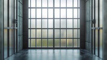 A prison cell with bars and a window photo