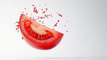 A slice of tomato is being splattered with red liquid photo