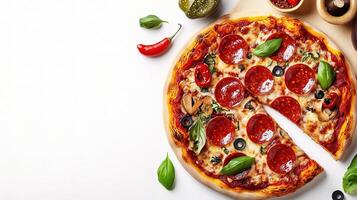A pizza with pepperoni, mushrooms and olives on a white background photo