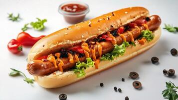 A hot dog with ketchup and toppings photo