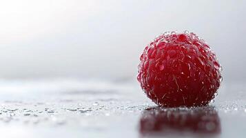 A raspberry is sitting on a wet surface photo
