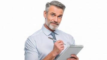 A man with a beard and tie holding a notepad photo