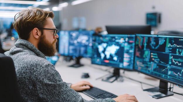 A man with a beard sitting at a desk with multiple computer screens photo
