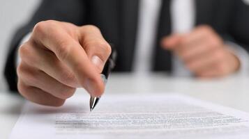 A person in a suit holding a pen over a piece of paper photo