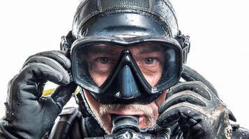 A man wearing a scuba mask and diving gear photo