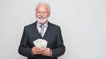 A smiling old man in a suit holding money photo