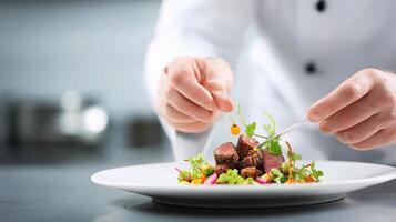 A chef is preparing a dish on a plate photo