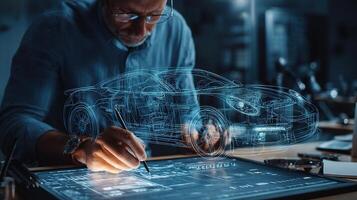 Automotive Designer Sketching an Innovative Car Concept in Studio photo