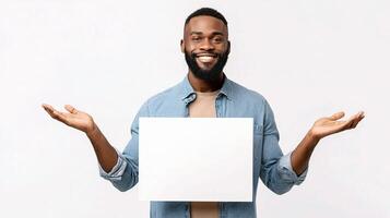 A man with a beard is holding a blank sign photo